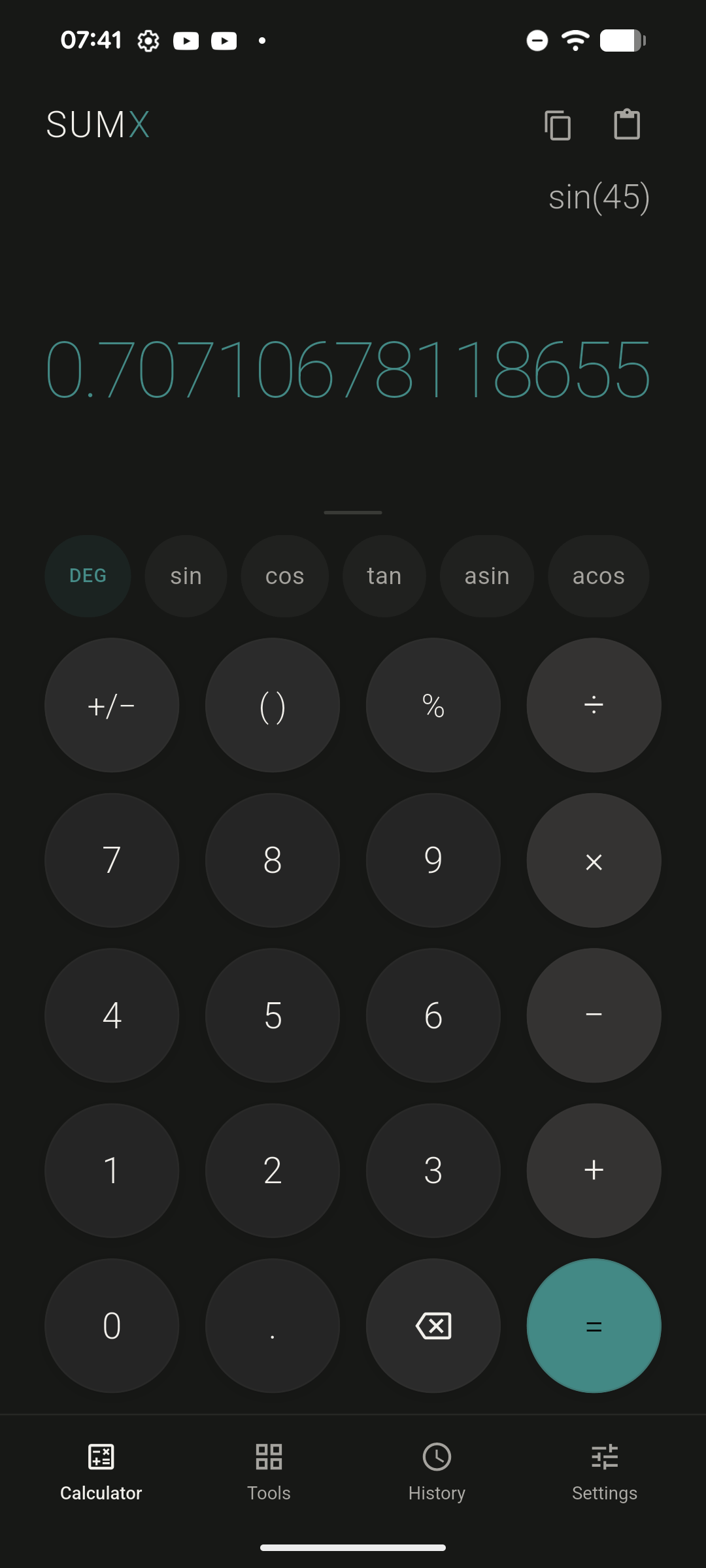 The SUMX calculator with Scientific mode on. A row of DEG, sin, cos, tan, asin and acos keys sits above the standard keypad, showing sin(45) resolved to 0.70710678118655.