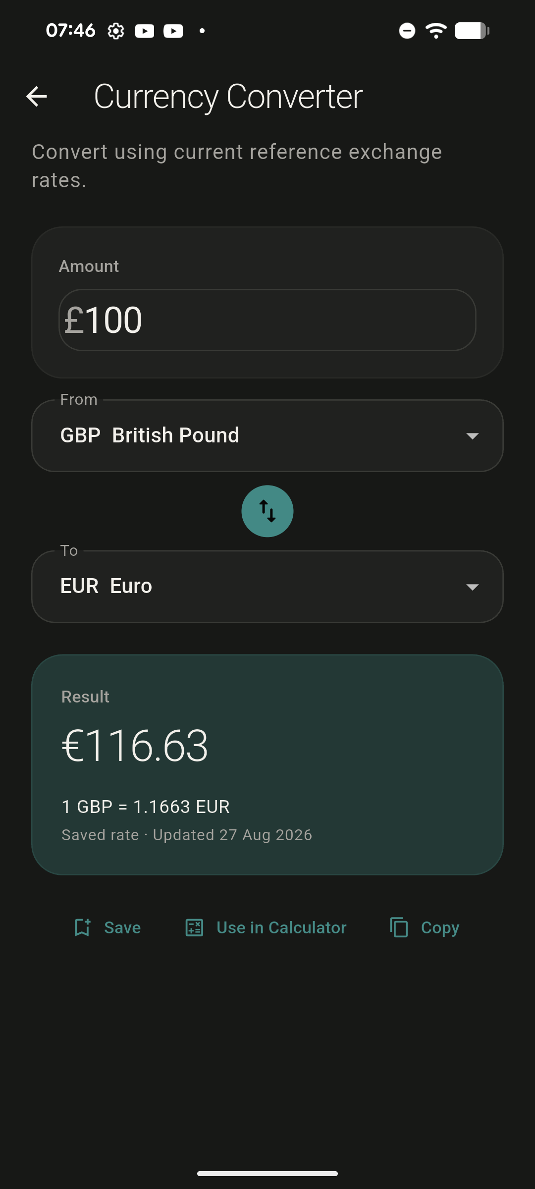 The SUMX Currency Converter converting &pound;100 to &euro;116.63. Under the result it reads 1 GBP = 1.1663 EUR, then Saved rate, updated 27 Aug 2026.