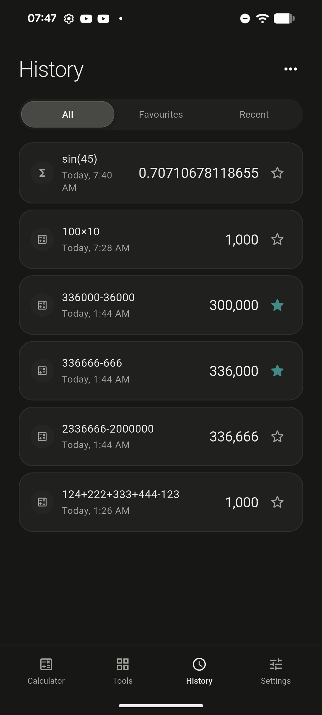 The SUMX History tab with All, Favourites and Recent filters. Entries include sin(45) from the scientific calculator and several arithmetic results, two of them starred as favourites.