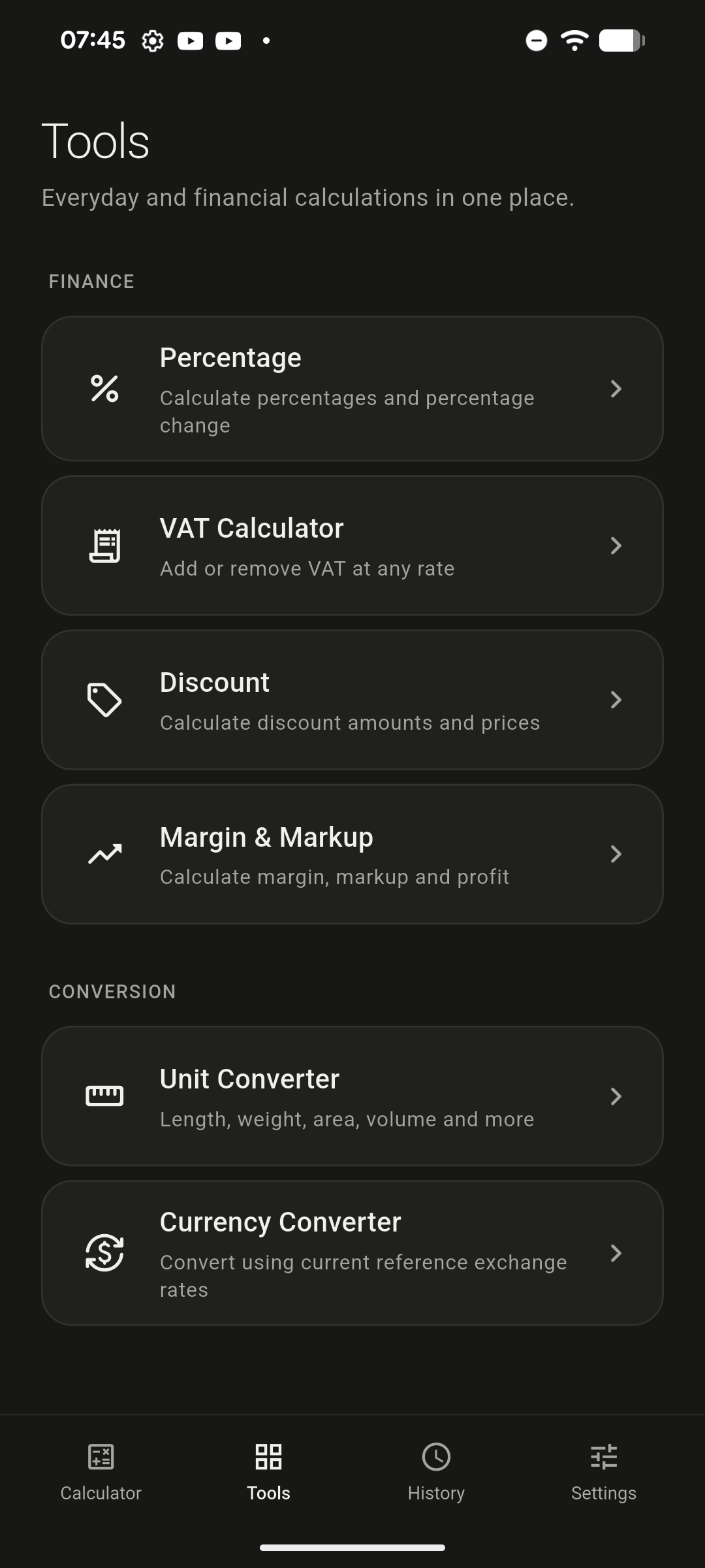 The SUMX Tools tab, listing Percentage, VAT Calculator, Discount and Margin & Markup under Finance, then Unit Converter and Currency Converter under Conversion.